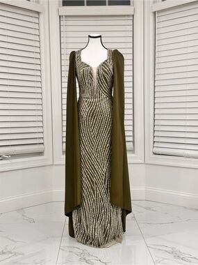 Olive Green Beaded Cape Evening Gown